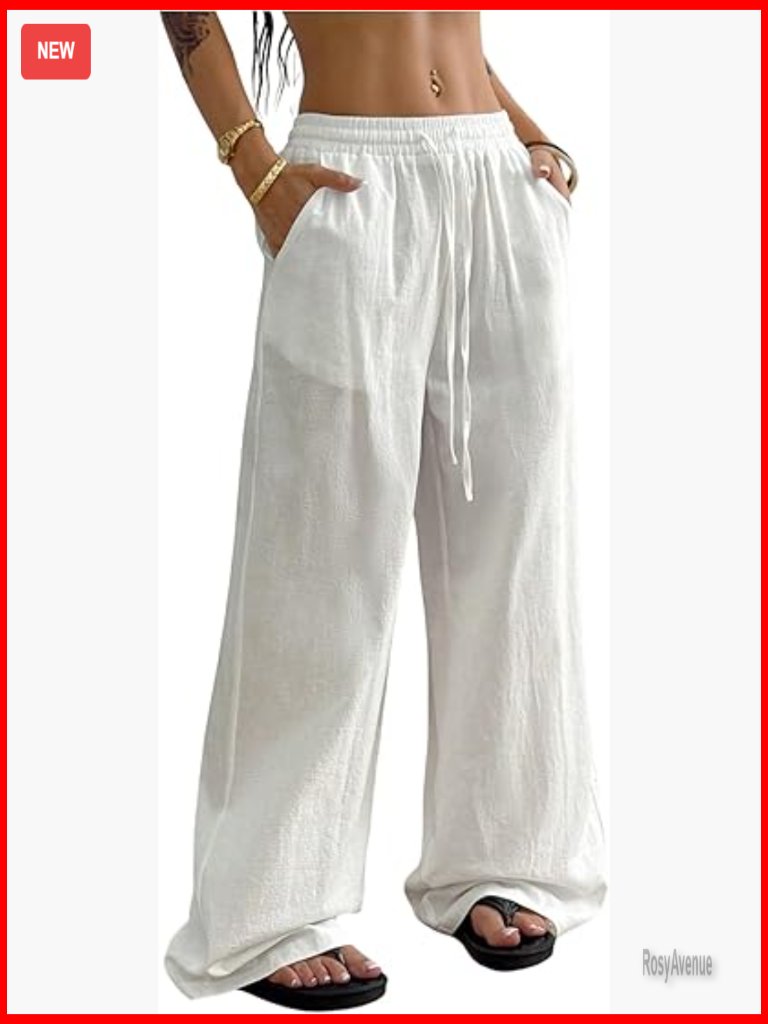 Women's Wide Leg Linen Pants Drawstring Waist Casual Loose Trousers